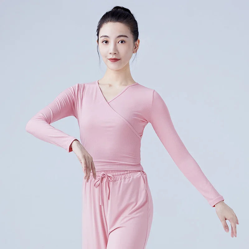 Woman Ballet Wrap Tops Knitted V Neck Long Sleeve Dance Shirts Bandage Tops Adults Dancewear Training Tops Dance Costumes