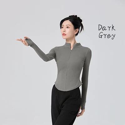 Woman Dance Tops Stand Collar Ballet Training Tops with Zipper Long Sleeve Dance Coat Jacket Cotton Close-fitting Fitness Tops