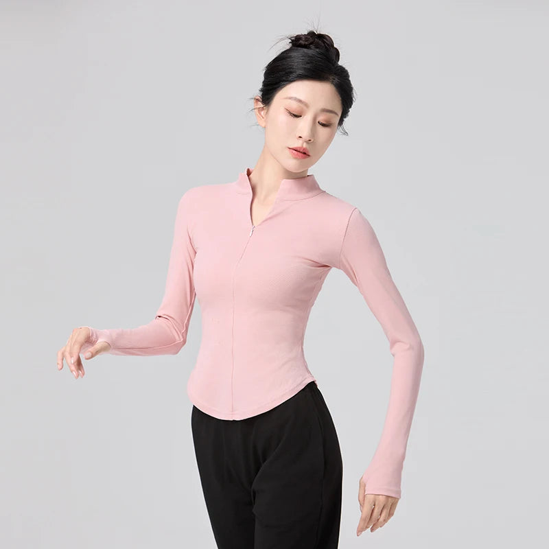 Woman Dance Tops Stand Collar Ballet Training Tops with Zipper Long Sleeve Dance Coat Jacket Cotton Close-fitting Fitness Tops