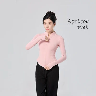 Woman Dance Tops Stand Collar Ballet Training Tops with Zipper Long Sleeve Dance Coat Jacket Cotton Close-fitting Fitness Tops