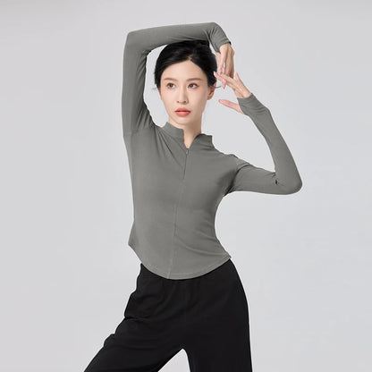 Woman Dance Tops Stand Collar Ballet Training Tops with Zipper Long Sleeve Dance Coat Jacket Cotton Close-fitting Fitness Tops