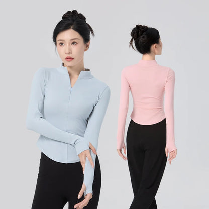 Woman Dance Tops Stand Collar Ballet Training Tops with Zipper Long Sleeve Dance Coat Jacket Cotton Close-fitting Fitness Tops