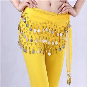 Women 3 Rows Belly Dance Belt Bellydance Hip Scarf Wrap Belly Dancing Belt Chain with 128 Gold Coins Adult