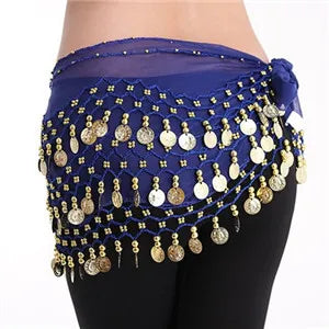 Women 3 Rows Belly Dance Belt Bellydance Hip Scarf Wrap Belly Dancing Belt Chain with 128 Gold Coins Adult