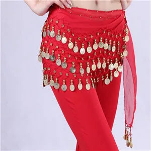 Women 3 Rows Belly Dance Belt Bellydance Hip Scarf Wrap Belly Dancing Belt Chain with 128 Gold Coins Adult