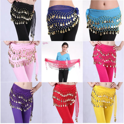 Women 3 Rows Belly Dance Belt Bellydance Hip Scarf Wrap Belly Dancing Belt Chain with 128 Gold Coins Adult