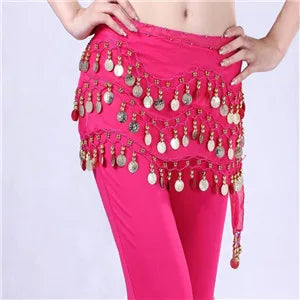 Women 3 Rows Belly Dance Belt Bellydance Hip Scarf Wrap Belly Dancing Belt Chain with 128 Gold Coins Adult