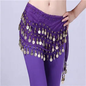 Women 3 Rows Belly Dance Belt Bellydance Hip Scarf Wrap Belly Dancing Belt Chain with 128 Gold Coins Adult