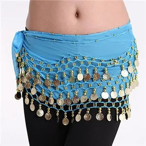 Women 3 Rows Belly Dance Belt Bellydance Hip Scarf Wrap Belly Dancing Belt Chain with 128 Gold Coins Adult