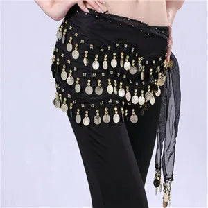 Women 3 Rows Belly Dance Belt Bellydance Hip Scarf Wrap Belly Dancing Belt Chain with 128 Gold Coins Adult