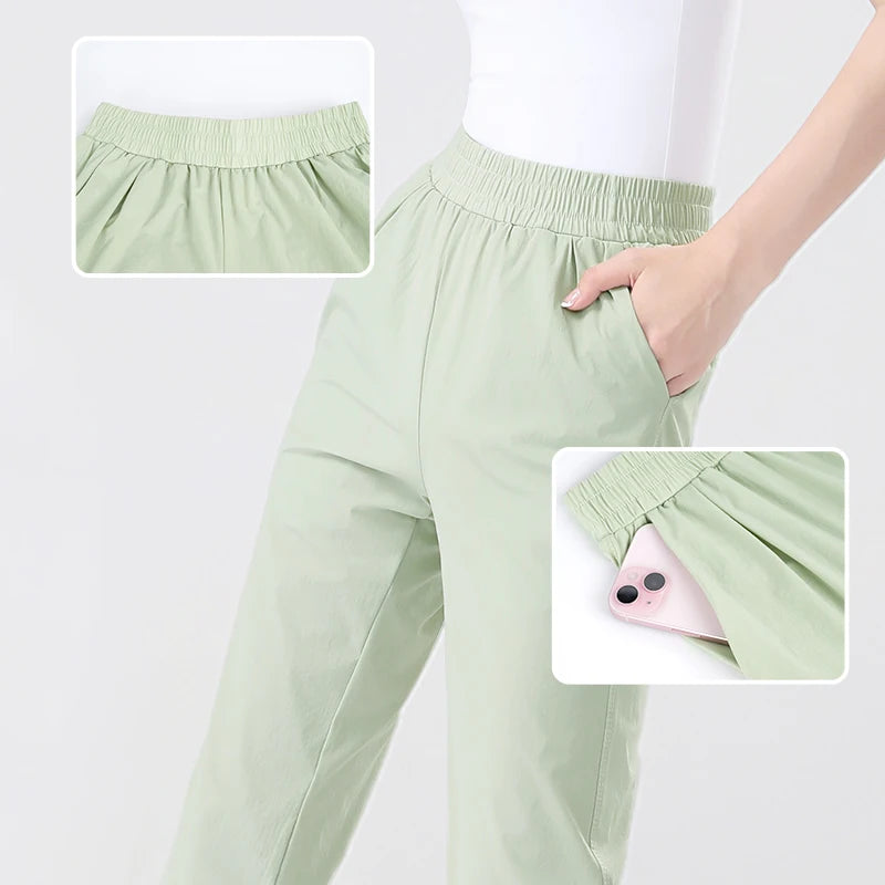 Women Ballet Dance Pants Ankle Banded Pants with Pocket Girls Adult Elastic Waist Cycling Jogging Trousers