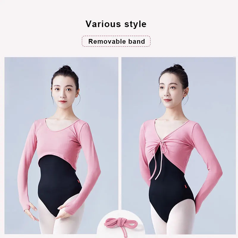 Women Ballet Dance Tops Drawstring Dance Overall Long Sleeve Adults Girls Lace up Dance Tops Blouse Ballet Training Costumes