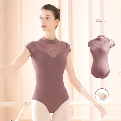 Women Ballet Leotard Gymnastics Costume Adult Lace Splice Dance Wear High Necked Ballet Bodysuits