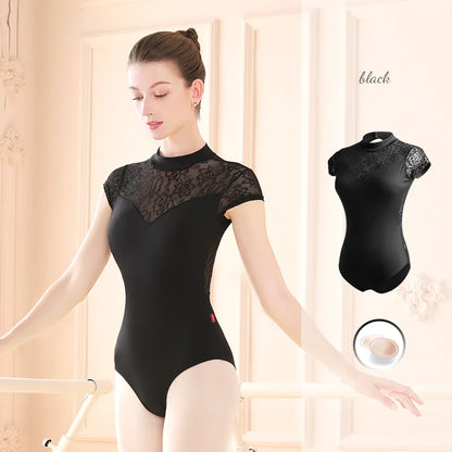 Women Ballet Leotard Gymnastics Costume Adult Lace Splice Dance Wear High Necked Ballet Bodysuits