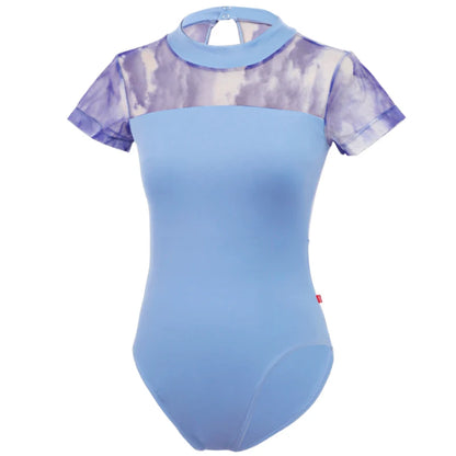 Women Ballet Leotard Stand Collar Tie Dye Mesh Splice Bodysuit Dance Skate Swimwear Short Sleeve Adult Gymnastics Leotards