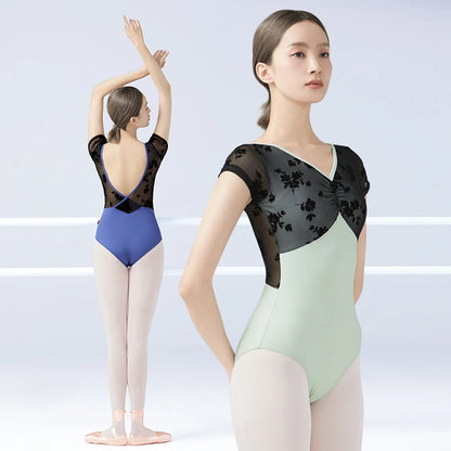 Women Ballet Leotards Backless Dance Leotard Nylon Spliced Flocking Dancing Bodysuit Swimsuit Adult V-neck Gymnastics Leotards