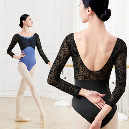 Women Ballet Leotards Backless Dance Leotard Nylon Spliced Flocking Dancing Bodysuit Swimsuit Adult V-neck Gymnastics Leotards