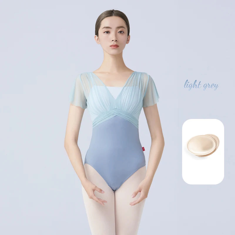 Women Ballet Leotards Dance Leotard Nylon Spliced Short Sleeve Pleats Ballet Bodysuit Adult Fake Two Piece Gymnastics Leotards