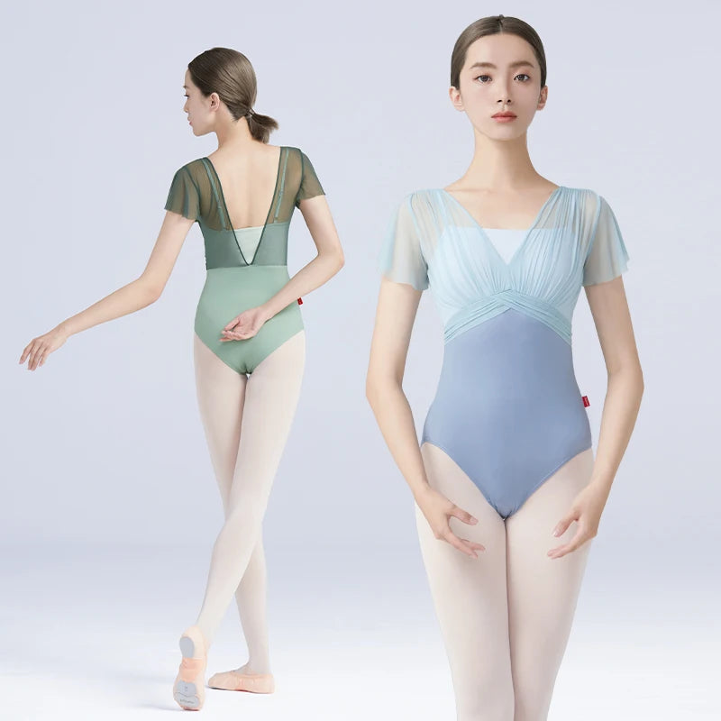 Women Ballet Leotards Dance Leotard Nylon Spliced Short Sleeve Pleats Ballet Bodysuit Adult Fake Two Piece Gymnastics Leotards