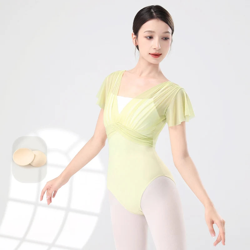 Women Ballet Leotards Dance Leotard Nylon Spliced Short Sleeve Pleats Ballet Bodysuit Adult Fake Two Piece Gymnastics Leotards