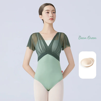 Women Ballet Leotards Dance Leotard Nylon Spliced Short Sleeve Pleats Ballet Bodysuit Adult Fake Two Piece Gymnastics Leotards