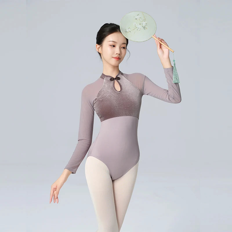 Women Ballet Leotards High Neck Button Gym Dance Leotards Velvet Patchwork Adult Ballerina Long Sleeve Dancing Bodysuit Costume gtooza.com