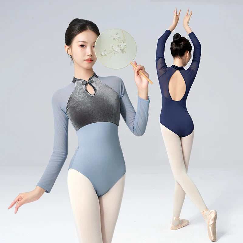 Women Ballet Leotards High Neck Button Gym Dance Leotards Velvet Patchwork Adult Ballerina Long Sleeve Dancing Bodysuit Costume gtooza.com