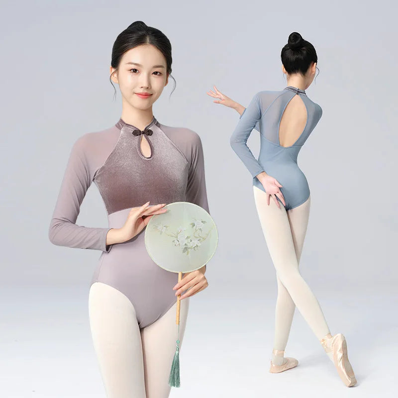 Women Ballet Leotards High Neck Button Gym Dance Leotards Velvet Patchwork Adult Ballerina Long Sleeve Dancing Bodysuit Costume gtooza.com