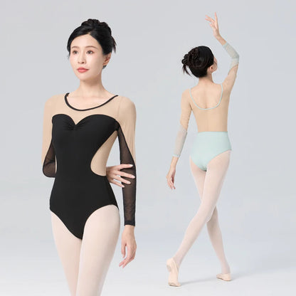 Women Ballet Leotards Long Sleeve Contrast Fabric Dancing Bodysuits Gymnastics Leotards Ballet Dance Leotards gtooza.com