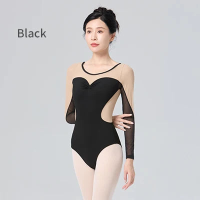 Women Ballet Leotards Long Sleeve Contrast Fabric Dancing Bodysuits Gymnastics Leotards Ballet Dance Leotards gtooza.com