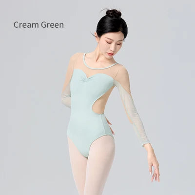 Women Ballet Leotards Long Sleeve Contrast Fabric Dancing Bodysuits Gymnastics Leotards Ballet Dance Leotards gtooza.com