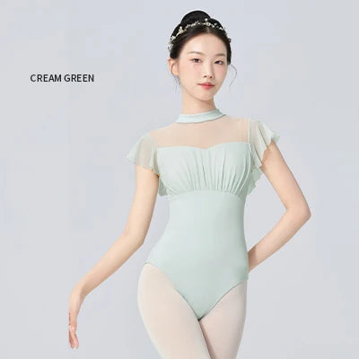 Women Ballet Leotards Pleated Dance Gymnastics Leotards Girls Adult Nylon Mesh Splicing Aerial Yoga Ballet Dance Bodysuits