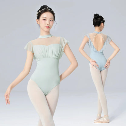 Women Ballet Leotards Pleated Dance Gymnastics Leotards Girls Adult Nylon Mesh Splicing Aerial Yoga Ballet Dance Bodysuits