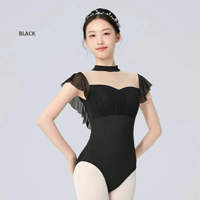 Women Ballet Leotards Pleated Dance Gymnastics Leotards Girls Adult Nylon Mesh Splicing Aerial Yoga Ballet Dance Bodysuits