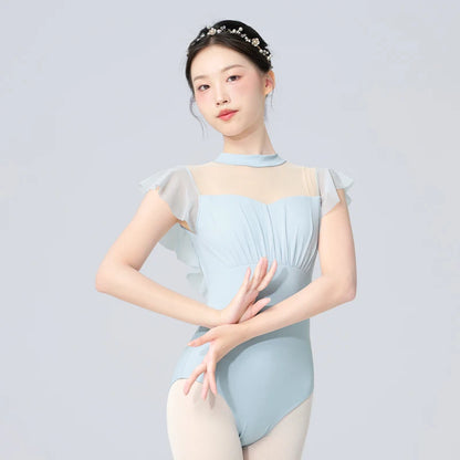 Women Ballet Leotards Pleated Dance Gymnastics Leotards Girls Adult Nylon Mesh Splicing Aerial Yoga Ballet Dance Bodysuits