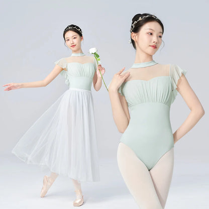 Women Ballet Leotards Pleated Dance Gymnastics Leotards Girls Adult Nylon Mesh Splicing Aerial Yoga Ballet Dance Bodysuits