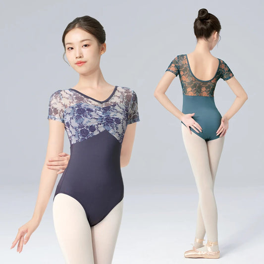 Women Ballet Leotards Printed Mesh Ballet Dance Leotards False Two-piece Short Sleeve Ballet Dance Gymnastics Bodysuit  Adult