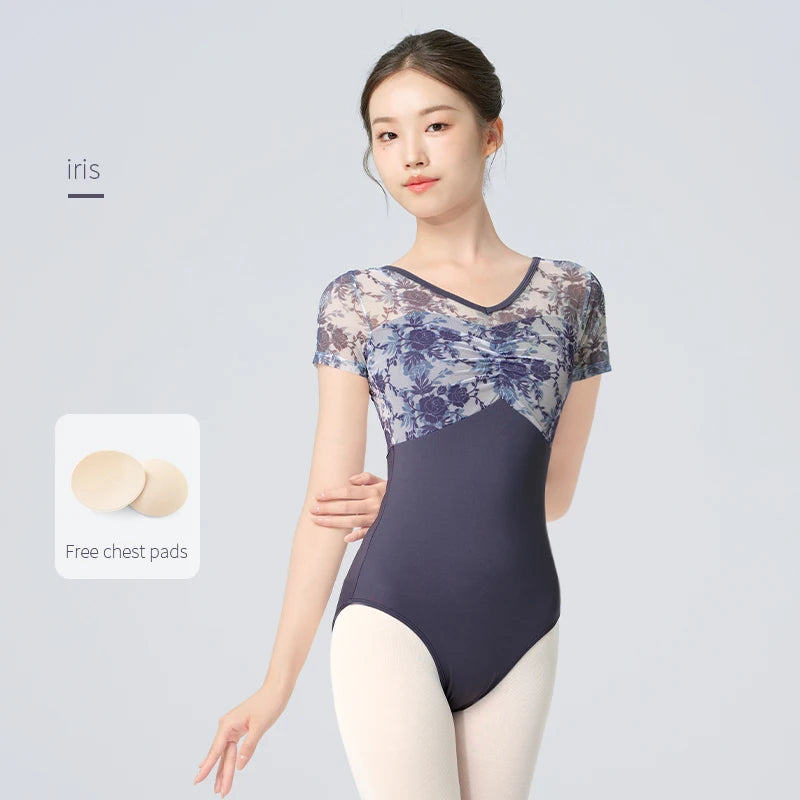 Women Ballet Leotards Printed Mesh Ballet Dance Leotards False Two-piece Short Sleeve Ballet Dance Gymnastics Bodysuit  Adult