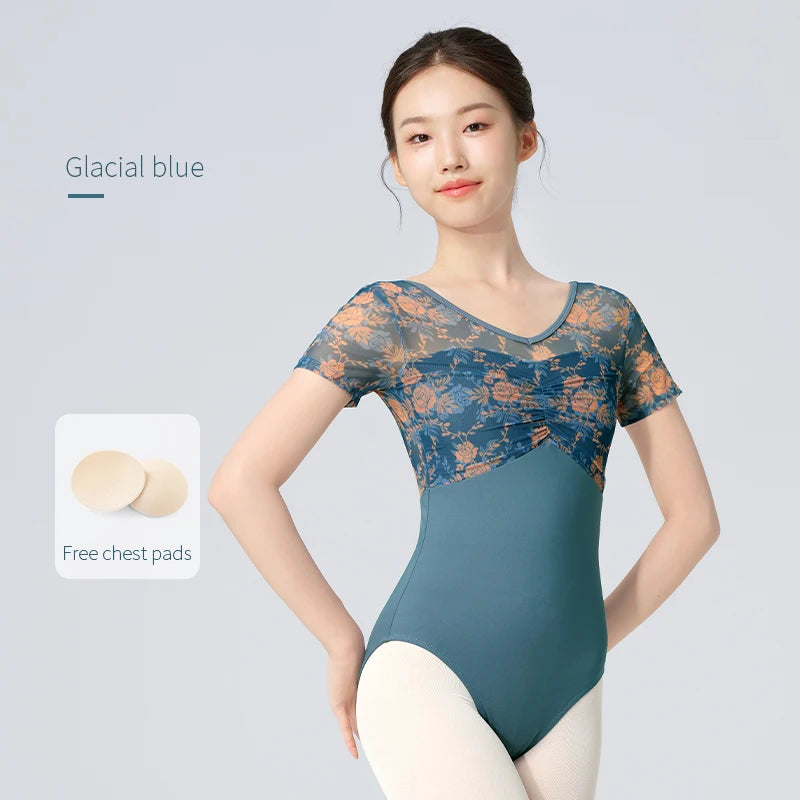 Women Ballet Leotards Printed Mesh Ballet Dance Leotards False Two-piece Short Sleeve Ballet Dance Gymnastics Bodysuit  Adult