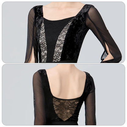 Women Ballet Leotards Retro Lace Slit Long Sleeve Dance Bodysuits Adult Mesh Velvet Splice Gymnastic Bodysuit Dance Costumes