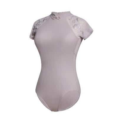 Women Ballet Leotards Stand Collar Dance Bodysuit with Knot Button Embroidery Short Sleeve Dance Leotard Gymnastics Bodysuit