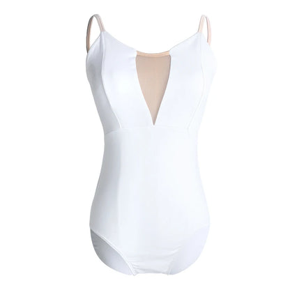 Women Ballet Leotards White Camisole Gymnastics Leotards Adults Sexy Neckline Bodysuit Swimwear