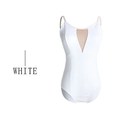 Women Ballet Leotards White Camisole Gymnastics Leotards Adults Sexy Neckline Bodysuit Swimwear