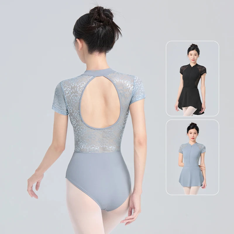 Women Ballet Leotards with Front Zipper Adult Lace Short Sleeve Ballet Dance Bodysuit Soft Lining Gymnastics Leotards