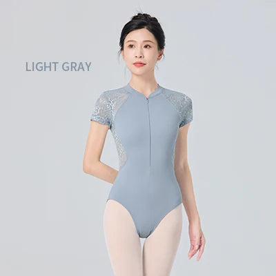 Women Ballet Leotards with Front Zipper Adult Lace Short Sleeve Ballet Dance Bodysuit Soft Lining Gymnastics Leotards