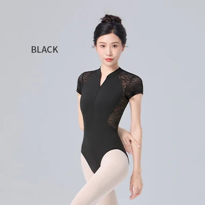 Women Ballet Leotards with Front Zipper Adult Lace Short Sleeve Ballet Dance Bodysuit Soft Lining Gymnastics Leotards