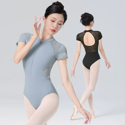 Women Ballet Leotards with Front Zipper Adult Lace Short Sleeve Ballet Dance Bodysuit Soft Lining Gymnastics Leotards