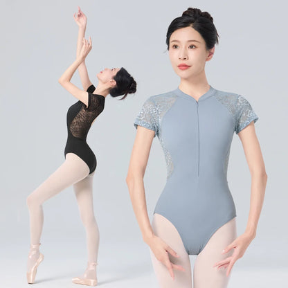 Women Ballet Leotards with Front Zipper Adult Lace Short Sleeve Ballet Dance Bodysuit Soft Lining Gymnastics Leotards