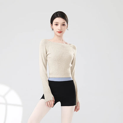 Women Ballet Tops Thermal Sweater Gray Dance Crop Tops Ballet Coat Knitted Sweater Long Sleeve Boat Neck Dance Sweater Winter