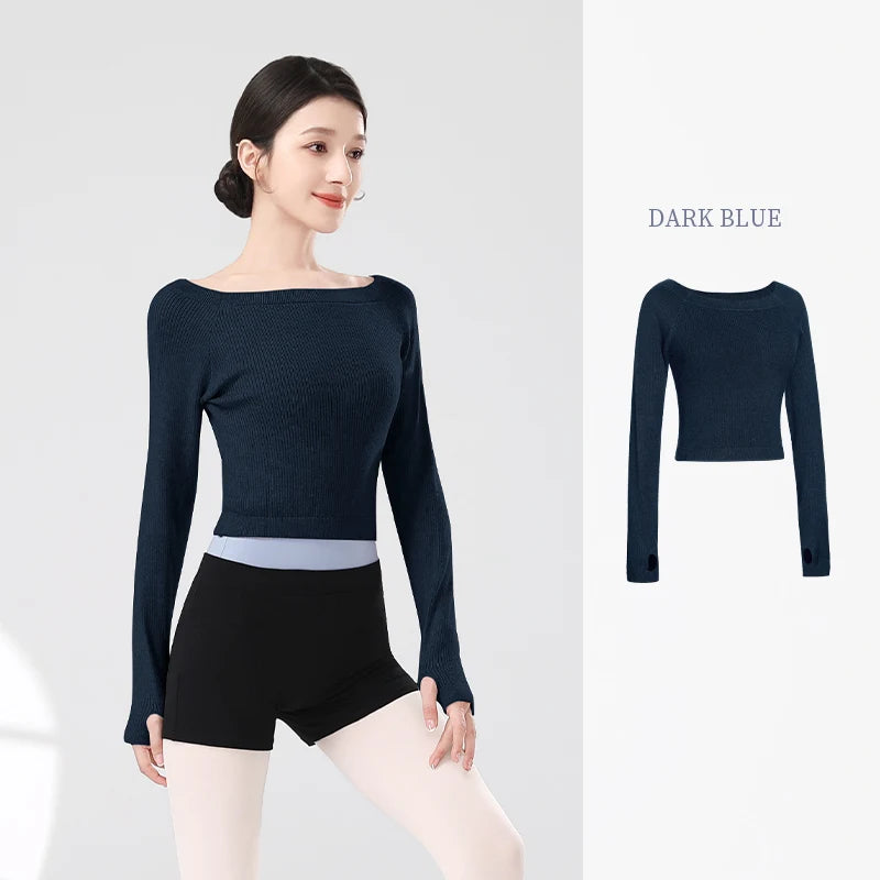 Women Ballet Tops Thermal Sweater Gray Dance Crop Tops Ballet Coat Knitted Sweater Long Sleeve Boat Neck Dance Sweater Winter